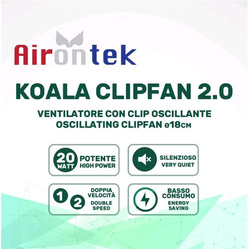 KOALA FAN 2.0- VENTILATORE A CLIP OSCILLANTE 20 W- Ø 18 CM- AIRONTEK - immagine 2